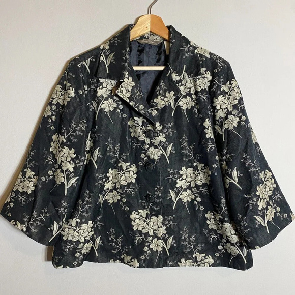 Tommy Bahama Silk Floral Print Bolero Jacket Women's Medium Black Ivory Blazer - Picture 4 of 14
